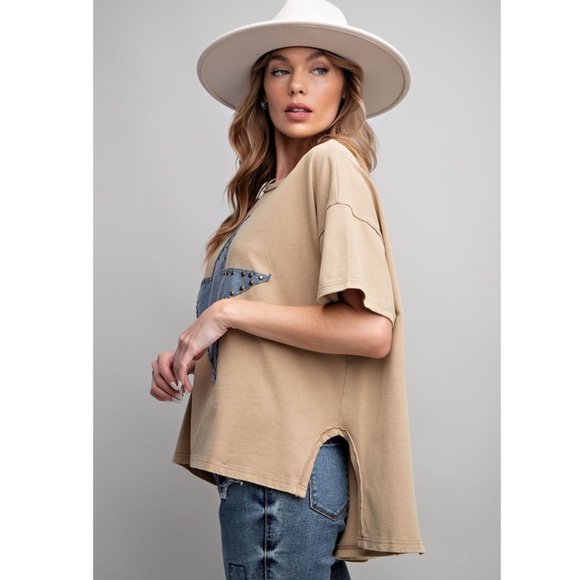 Khaki Mineral Wash Star Studded Patch Knit Top - Picture 5 of 8